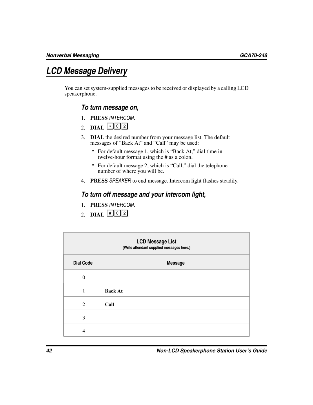 Vertical Communications GCA70-248 LCD Message Delivery, To turn message on, To turn off message and your intercom light 