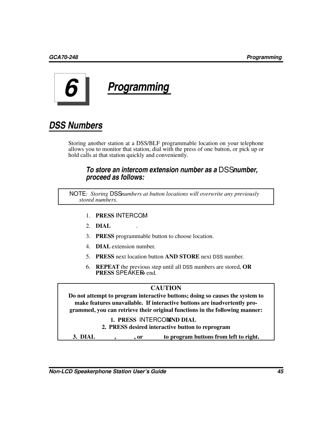 Vertical Communications GCA70-248 manual Programming, DSS Numbers 