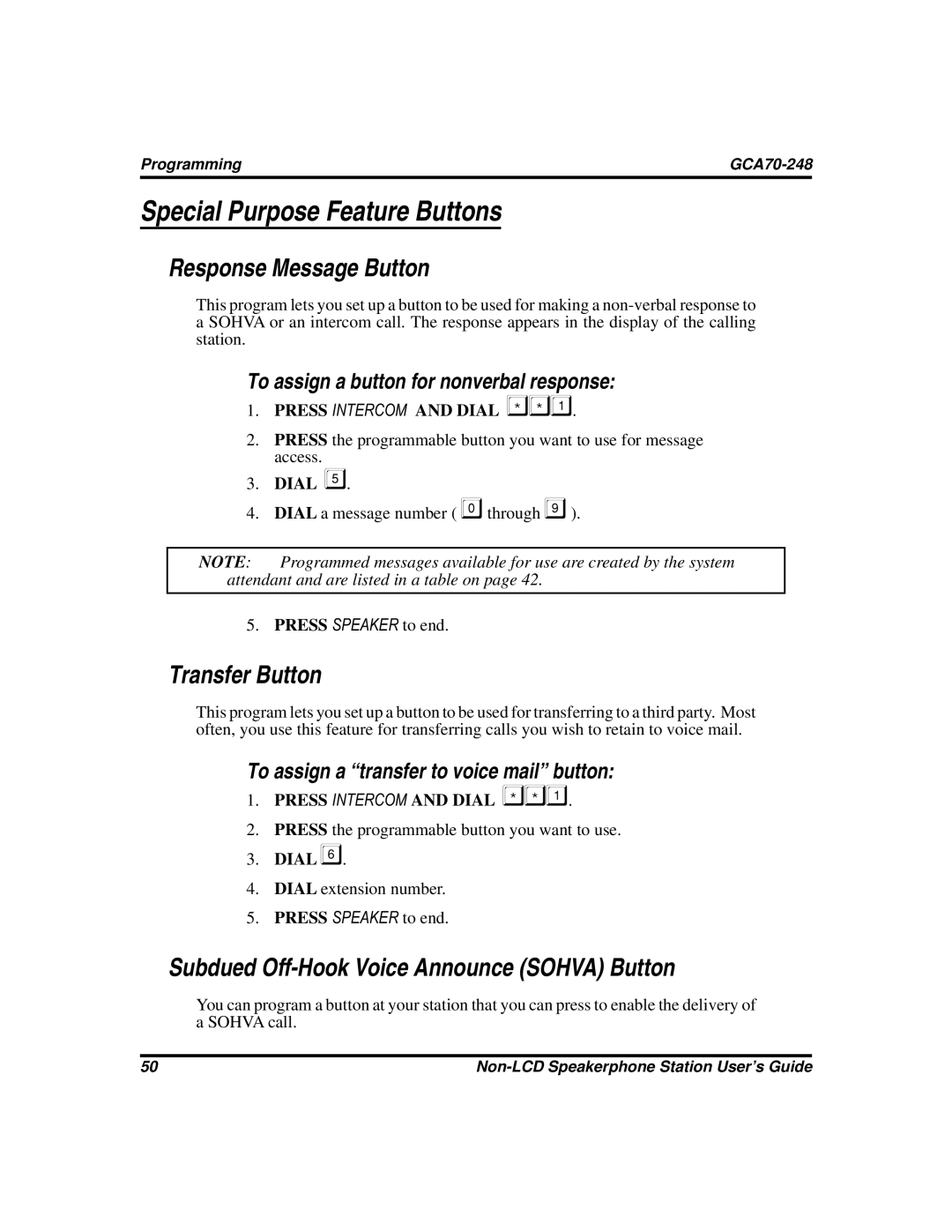 Vertical Communications GCA70-248 manual Special Purpose Feature Buttons, Response Message Button, Transfer Button 