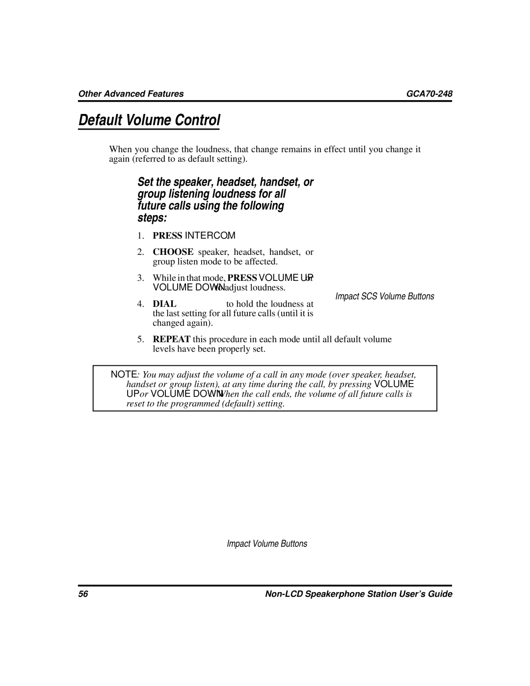 Vertical Communications GCA70-248 manual Default Volume Control 