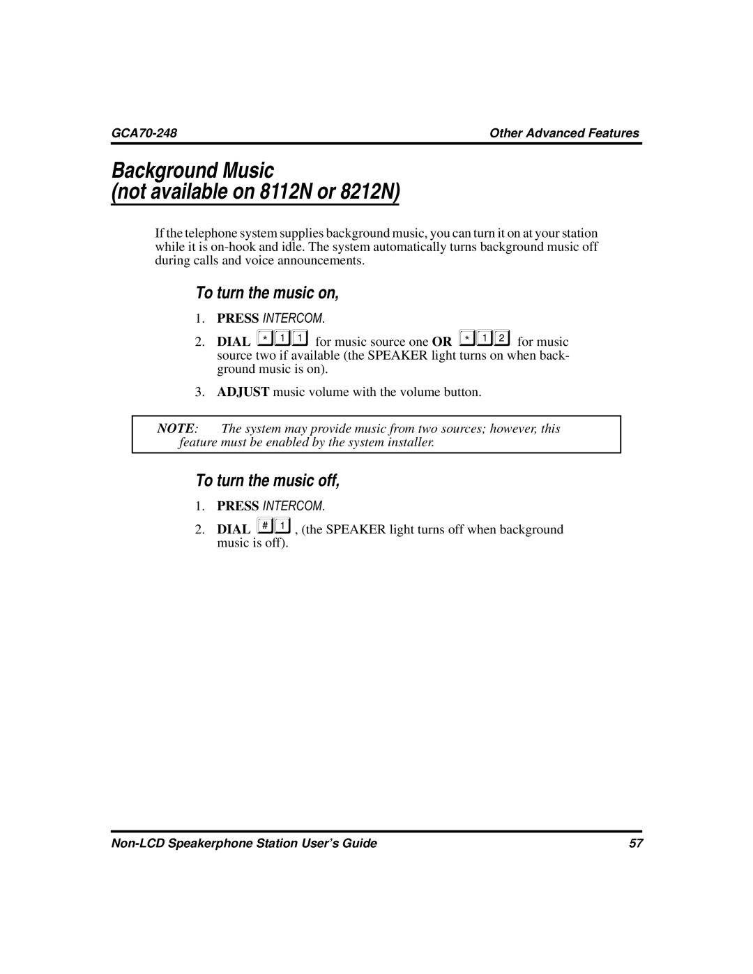 Vertical Communications GCA70-248 manual Background Music Not available on 8112N or 8212N, To turn the music on 