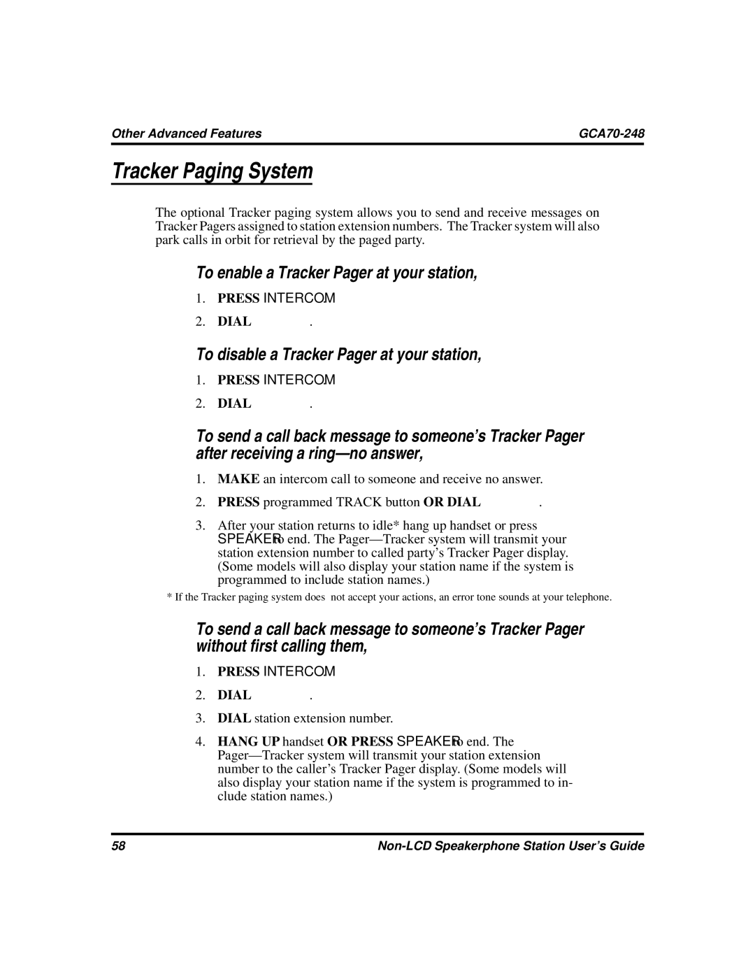 Vertical Communications GCA70-248 manual Tracker Paging System, To enable a Tracker Pager at your station 