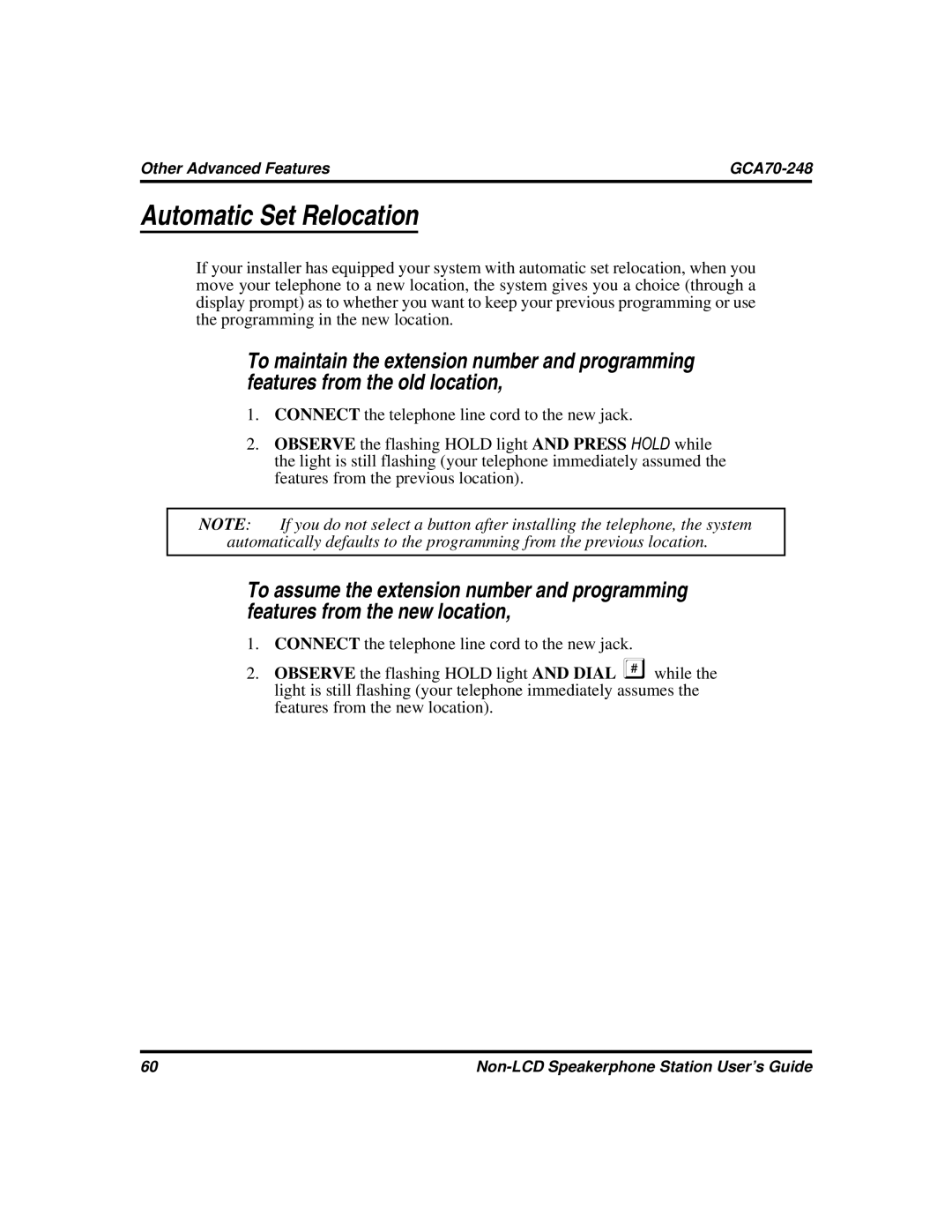 Vertical Communications GCA70-248 manual Automatic Set Relocation 