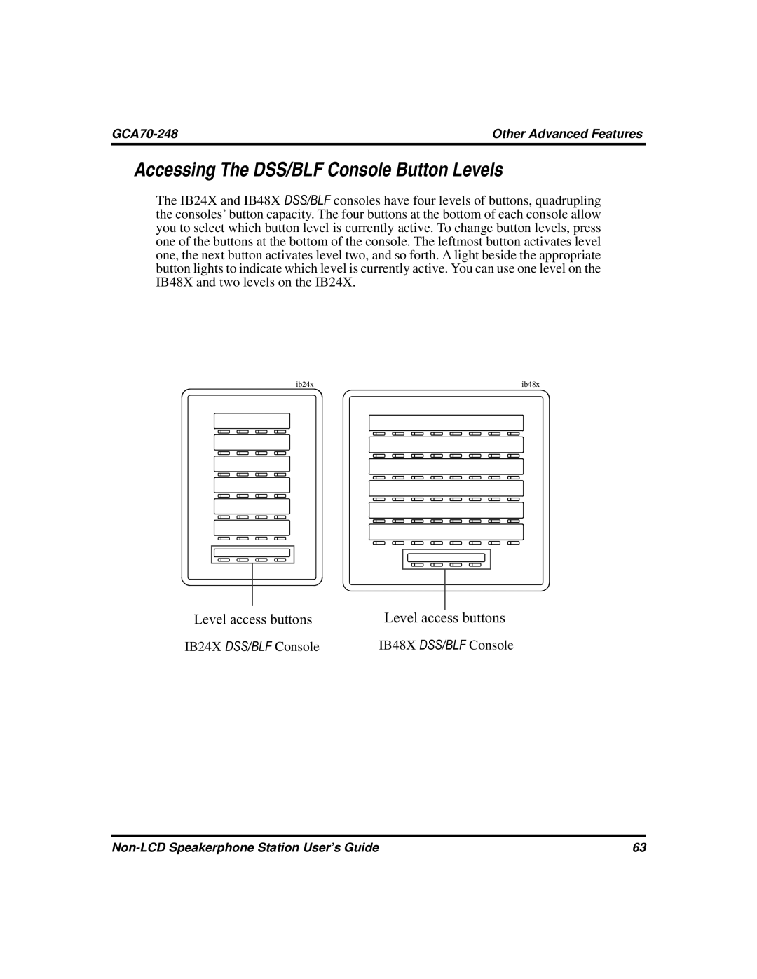 Vertical Communications GCA70-248 manual Accessing The DSS/BLF Console Button Levels, Level access buttons 