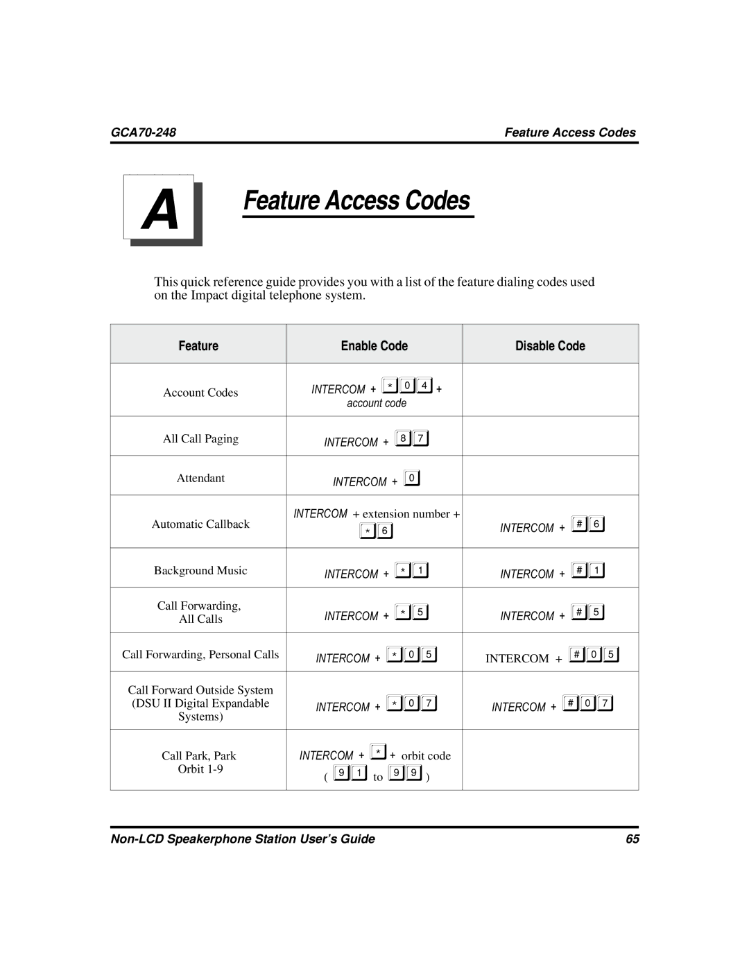 Vertical Communications GCA70-248 manual Feature Access Codes 