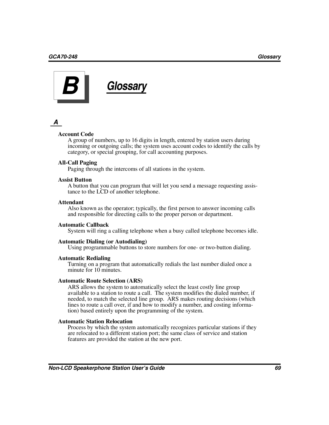 Vertical Communications GCA70-248 manual Account Code, All-Call Paging, Assist Button, Attendant, Automatic Callback 