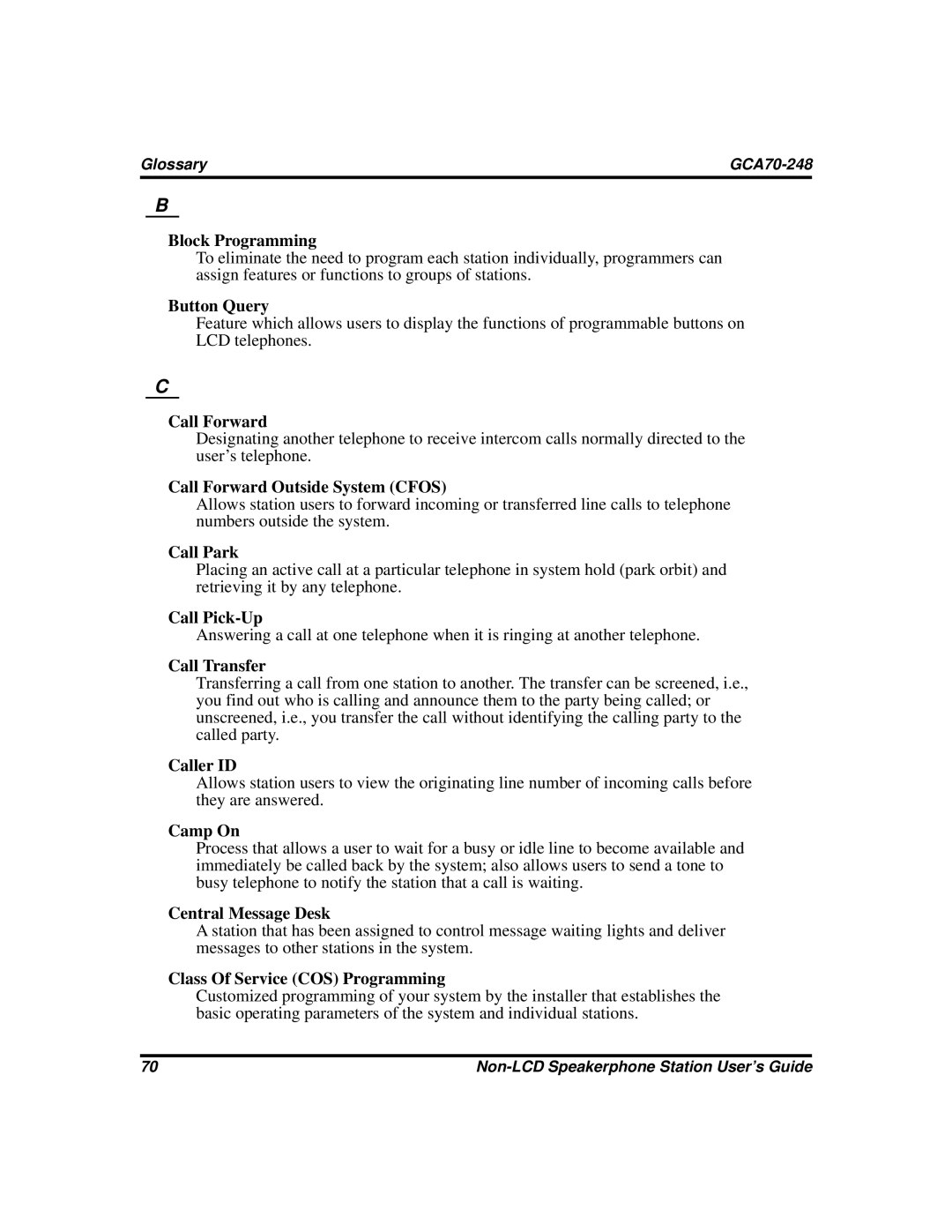 Vertical Communications GCA70-248 manual Block Programming, Button Query, Call Forward Outside System Cfos, Call Park 