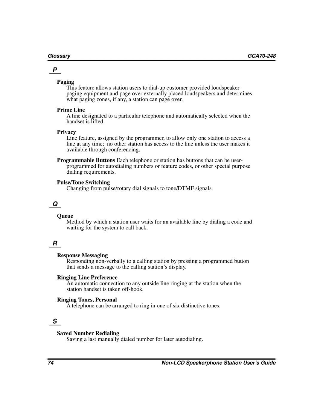 Vertical Communications GCA70-248 manual Paging, Prime Line, Privacy, Pulse/Tone Switching, Queue, Response Messaging 