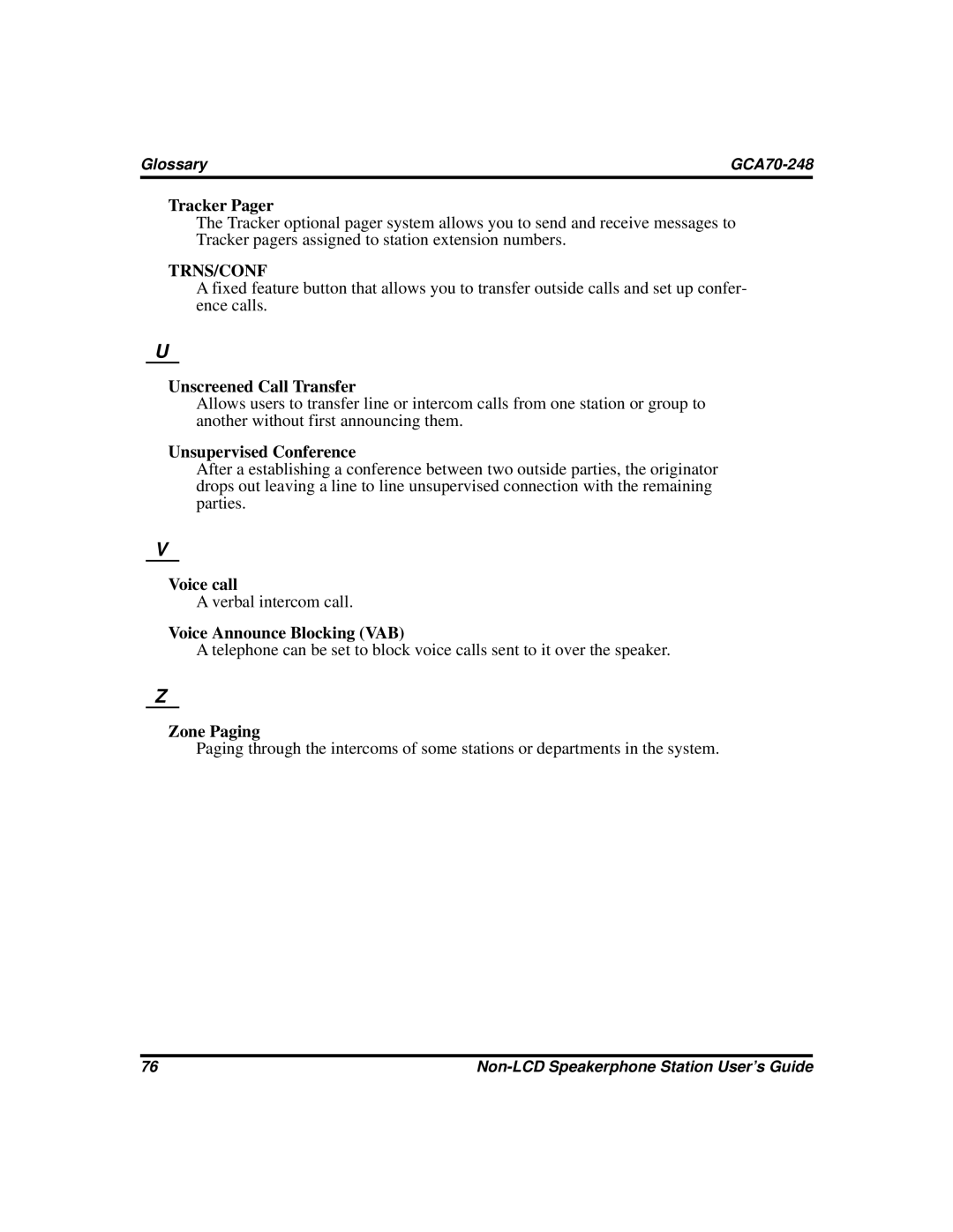 Vertical Communications GCA70-248 manual Tracker Pager, Unscreened Call Transfer, Unsupervised Conference, Voice call 