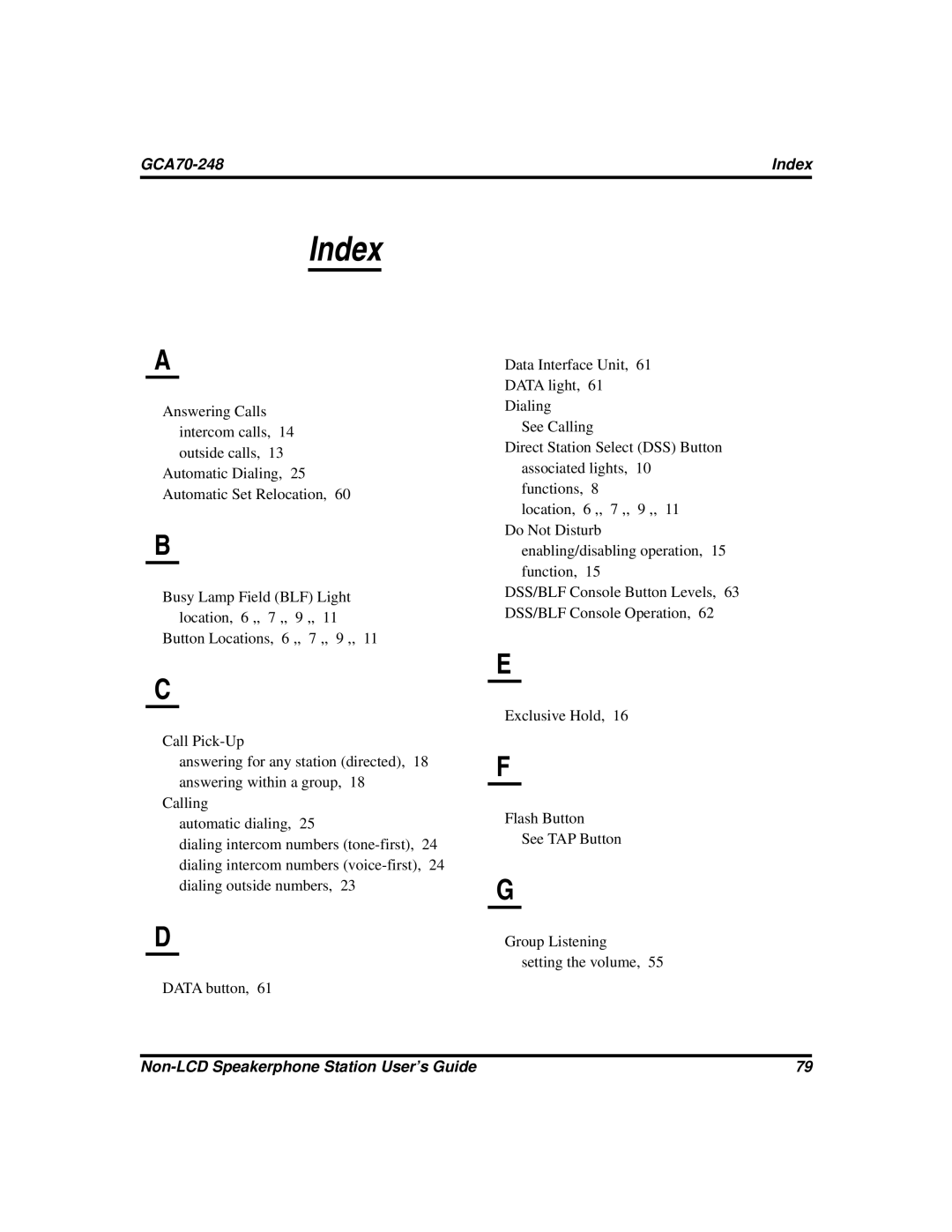 Vertical Communications GCA70-248 manual Index 