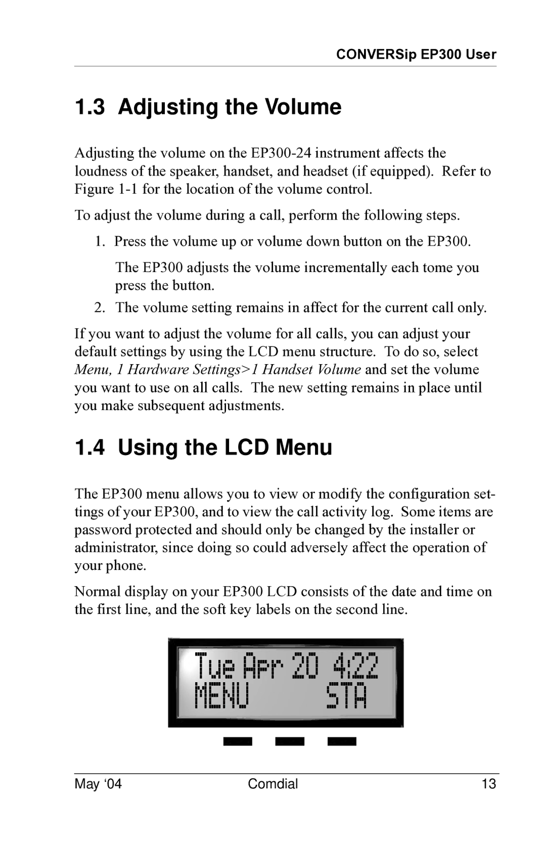 Vertical Communications MP5000 manual Menu STA, Adjusting the Volume, Using the LCD Menu 