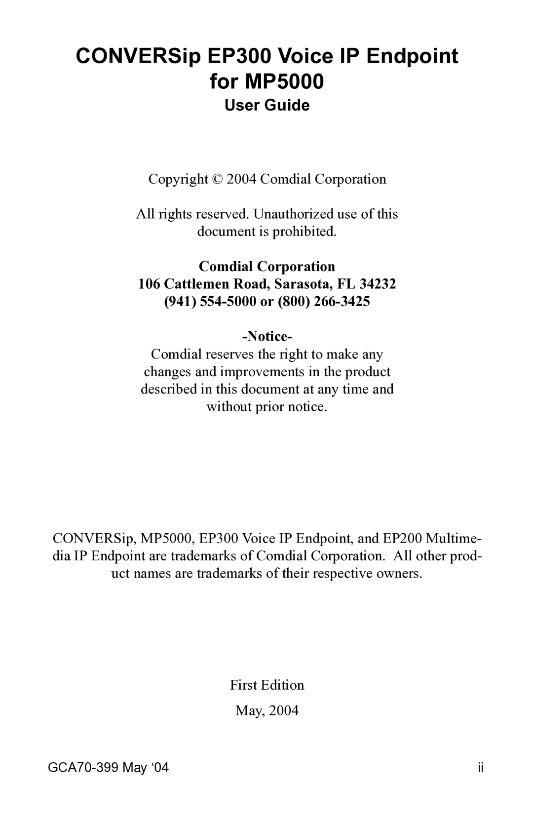 Vertical Communications manual CONVERSip EP300 Voice IP Endpoint For MP5000, User Guide 