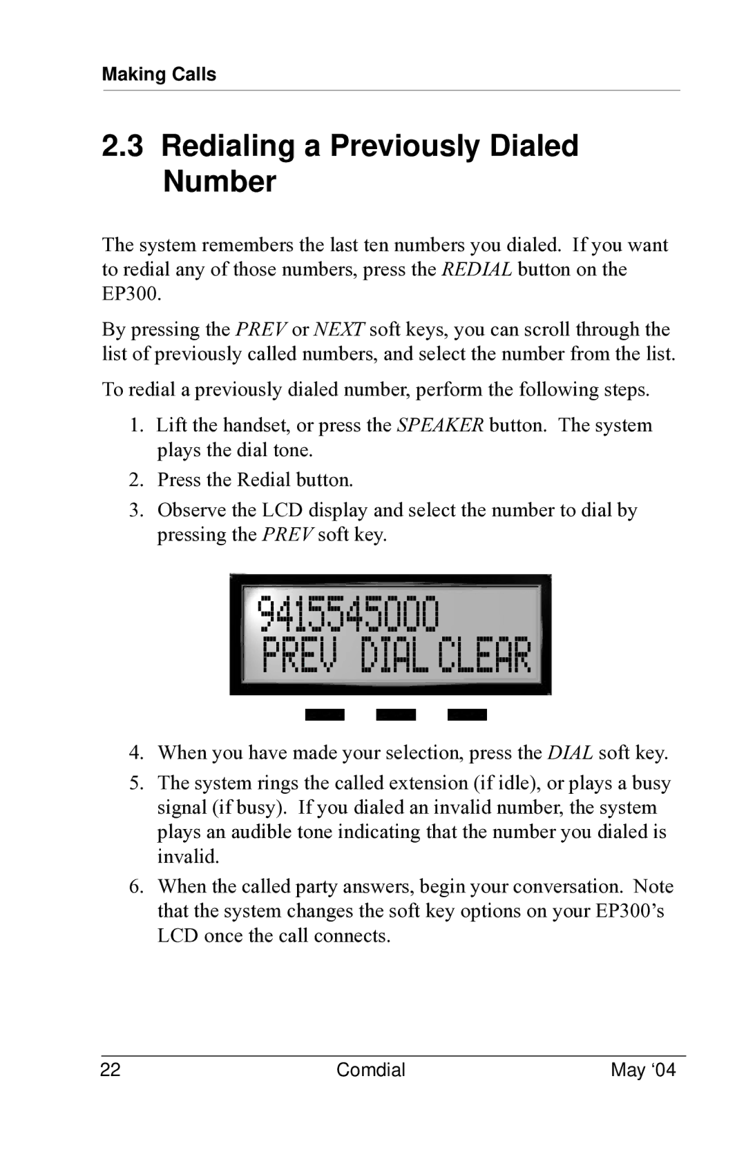 Vertical Communications MP5000 manual Prev Dial Clear, Redialing a Previously Dialed Number 