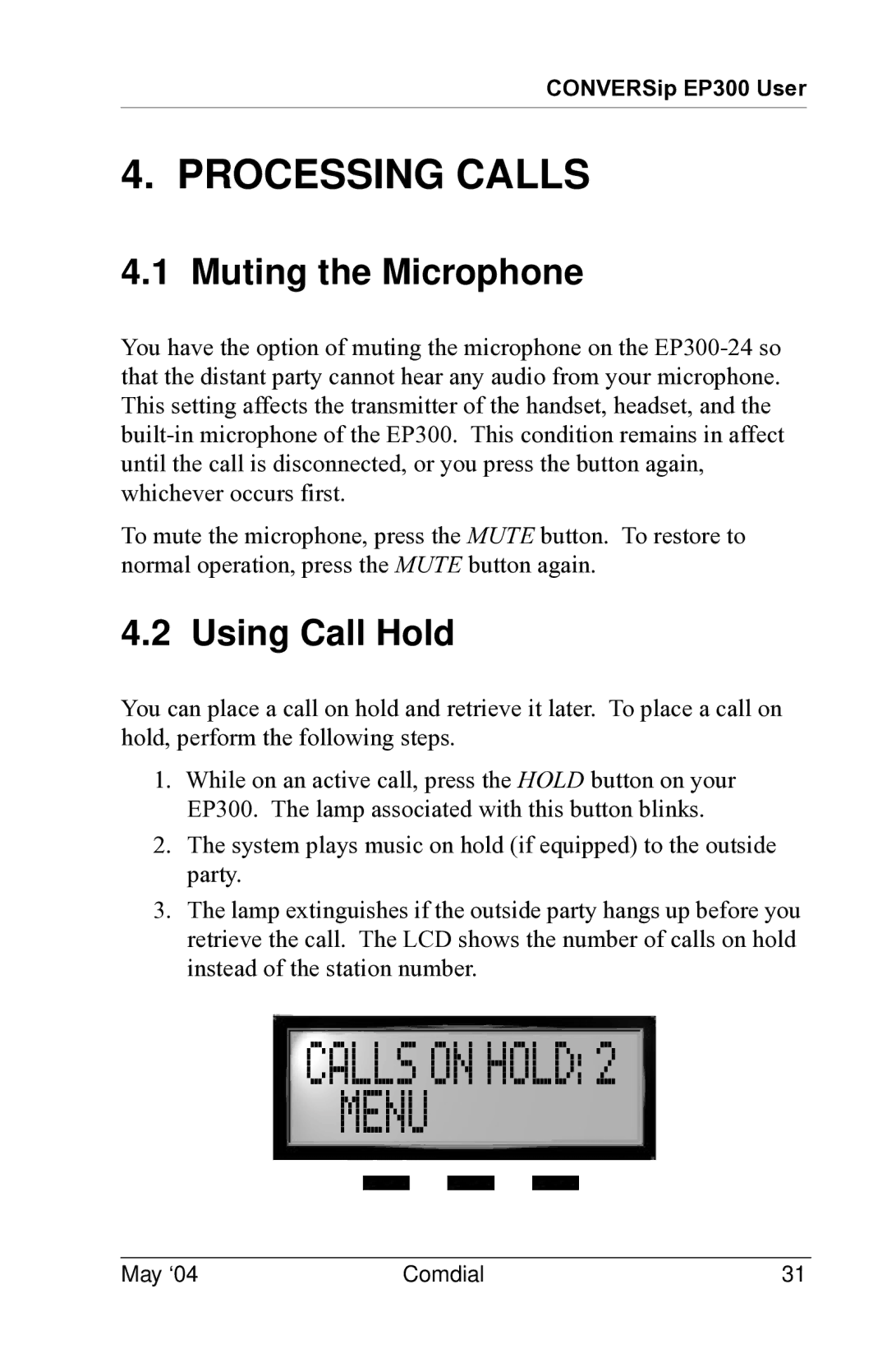 Vertical Communications MP5000 manual Calls on Hold Menu, Processing Calls, Muting the Microphone, Using Call Hold 