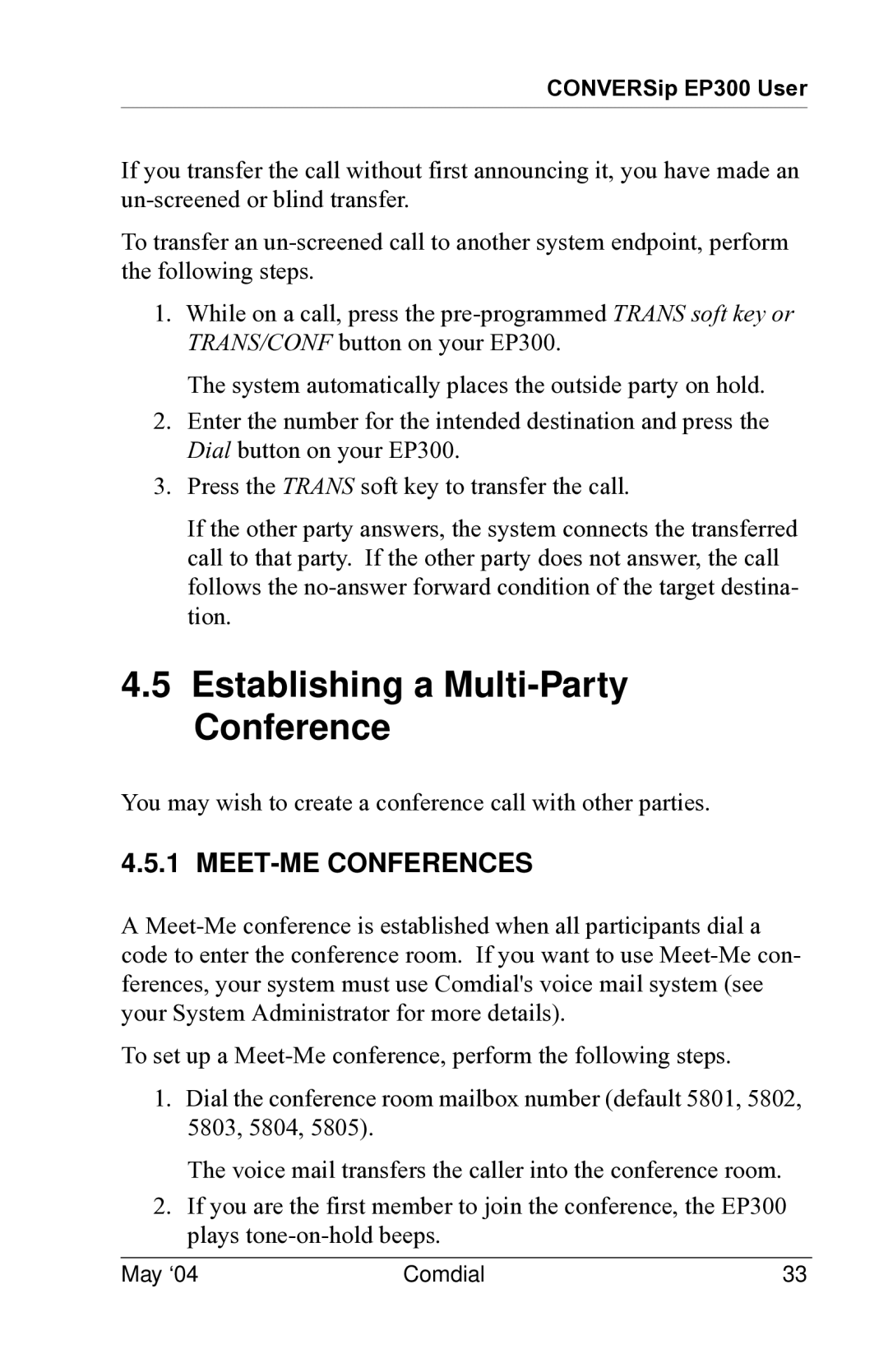 Vertical Communications MP5000 manual Establishing a Multi-Party Conference, MEET-ME Conferences 