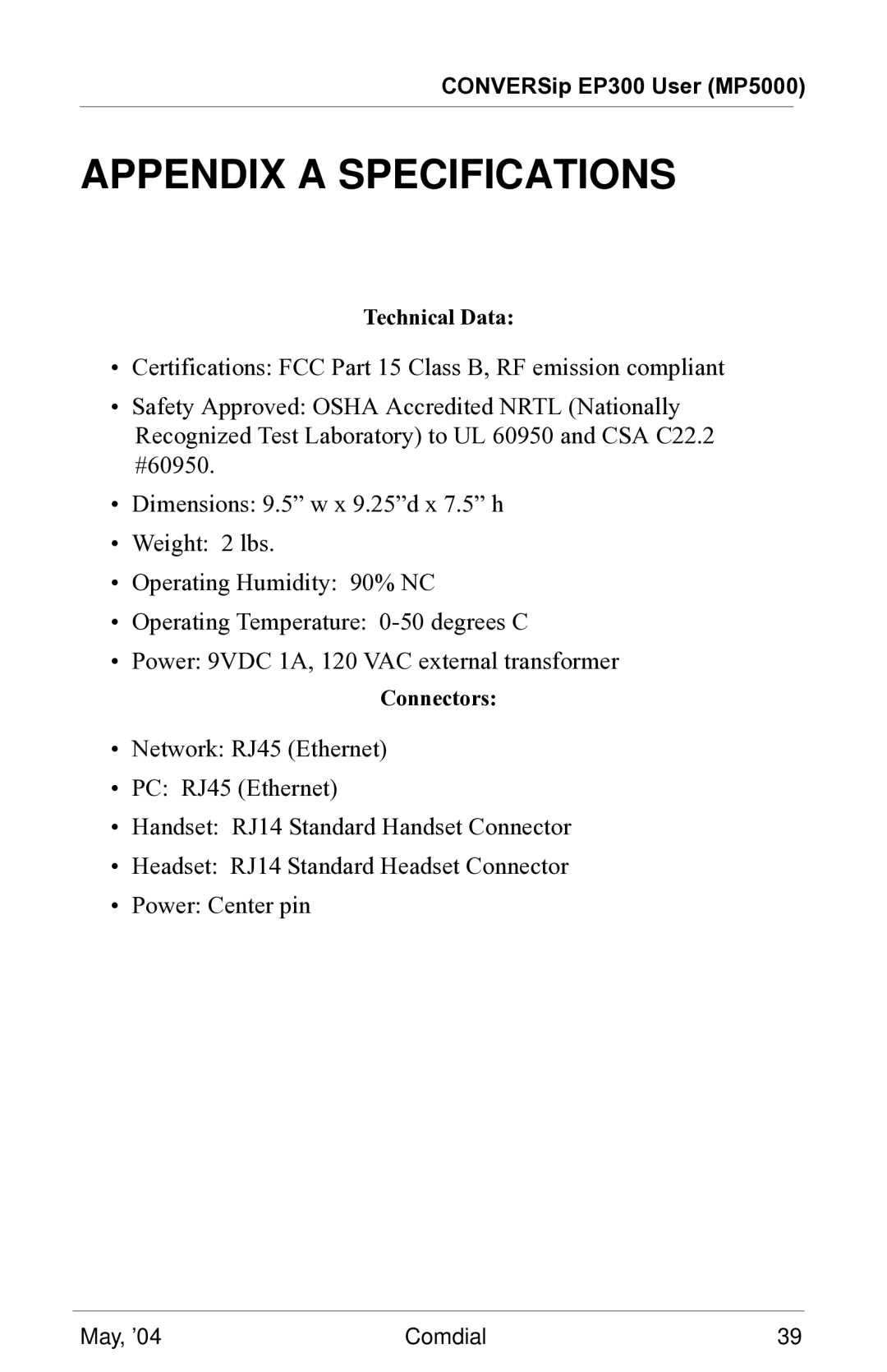 Vertical Communications MP5000 manual Appendix a Specifications 