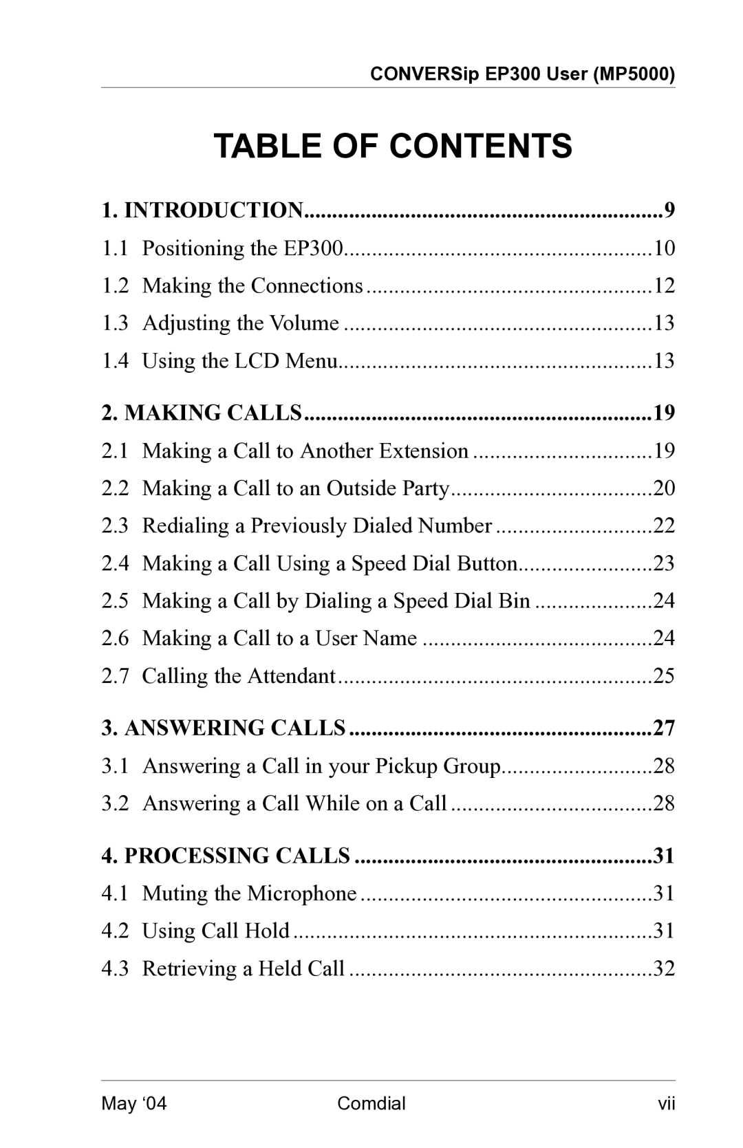 Vertical Communications MP5000 manual Table of Contents 