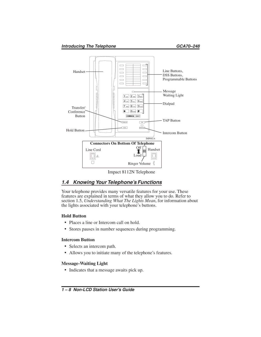 Vertical Communications R DSU Knowing Your Telephone’s Functions, Hold Button, Intercom Button, Message-Waiting Light 