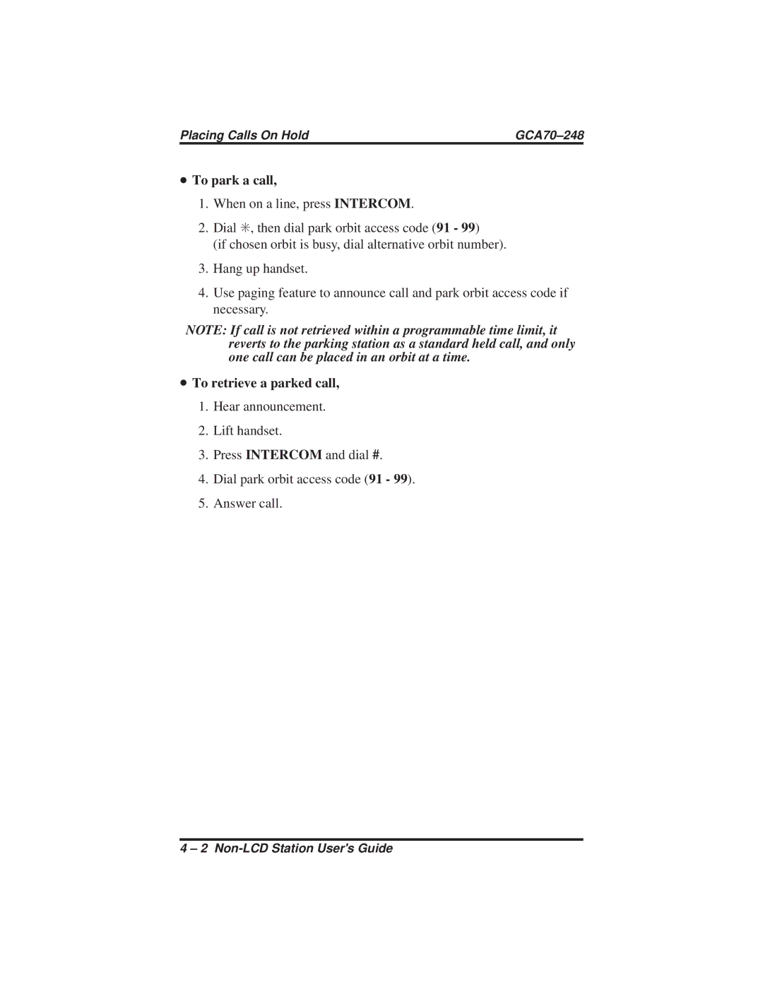 Vertical Communications R DSU manual To park a call, To retrieve a parked call 