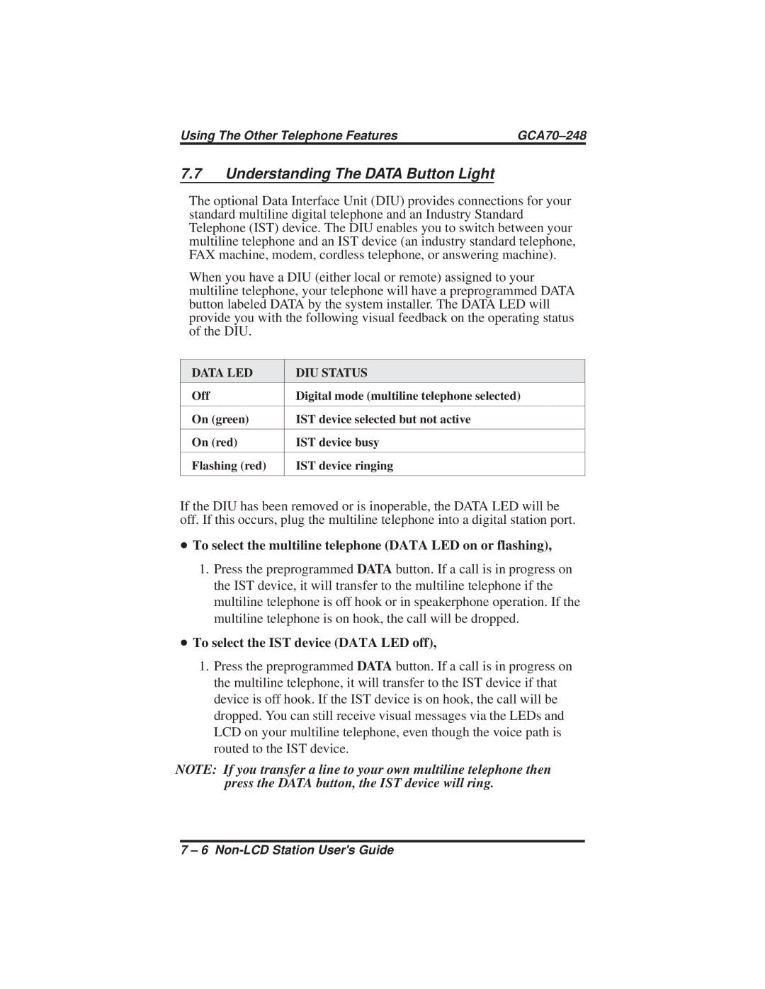 Vertical Communications R DSU manual Understanding The Data Button Light, To select the IST device Data LED off 