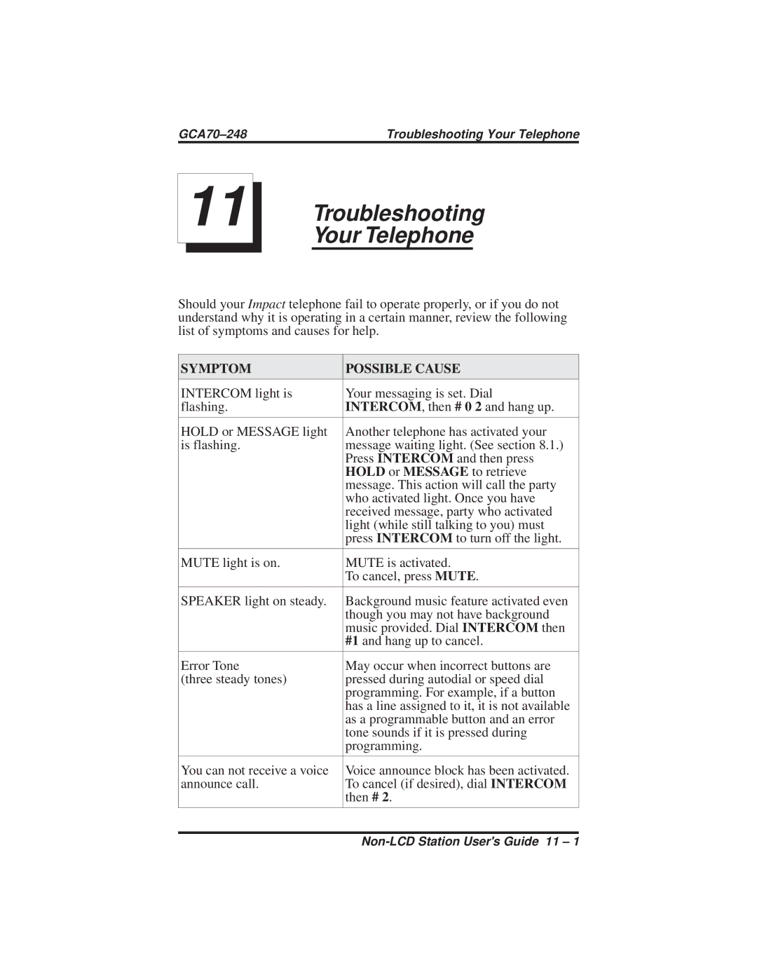 Vertical Communications R DSU manual Troubleshooting Your Telephone, Symptom Possible Cause 