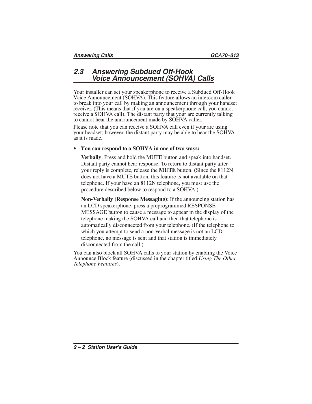 Vertical Communications SCS 8212N, 8124S, 8112N, 8112S, 8212S manual Answering Subdued Off-Hook Voice Announcement Sohva Calls 