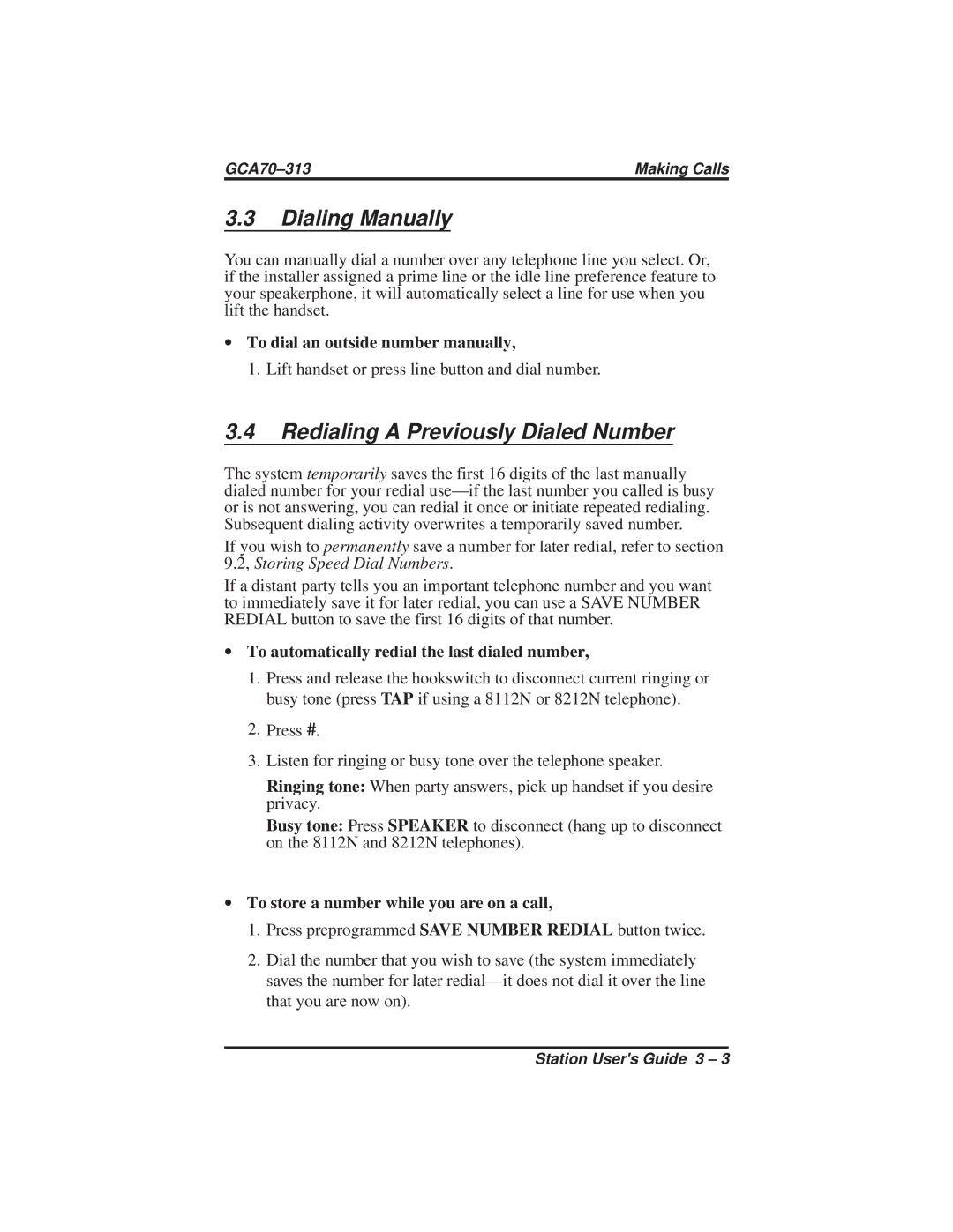 Vertical Communications 8112S Dialing Manually, Redialing a Previously Dialed Number, ∙ To dial an outside number manually 