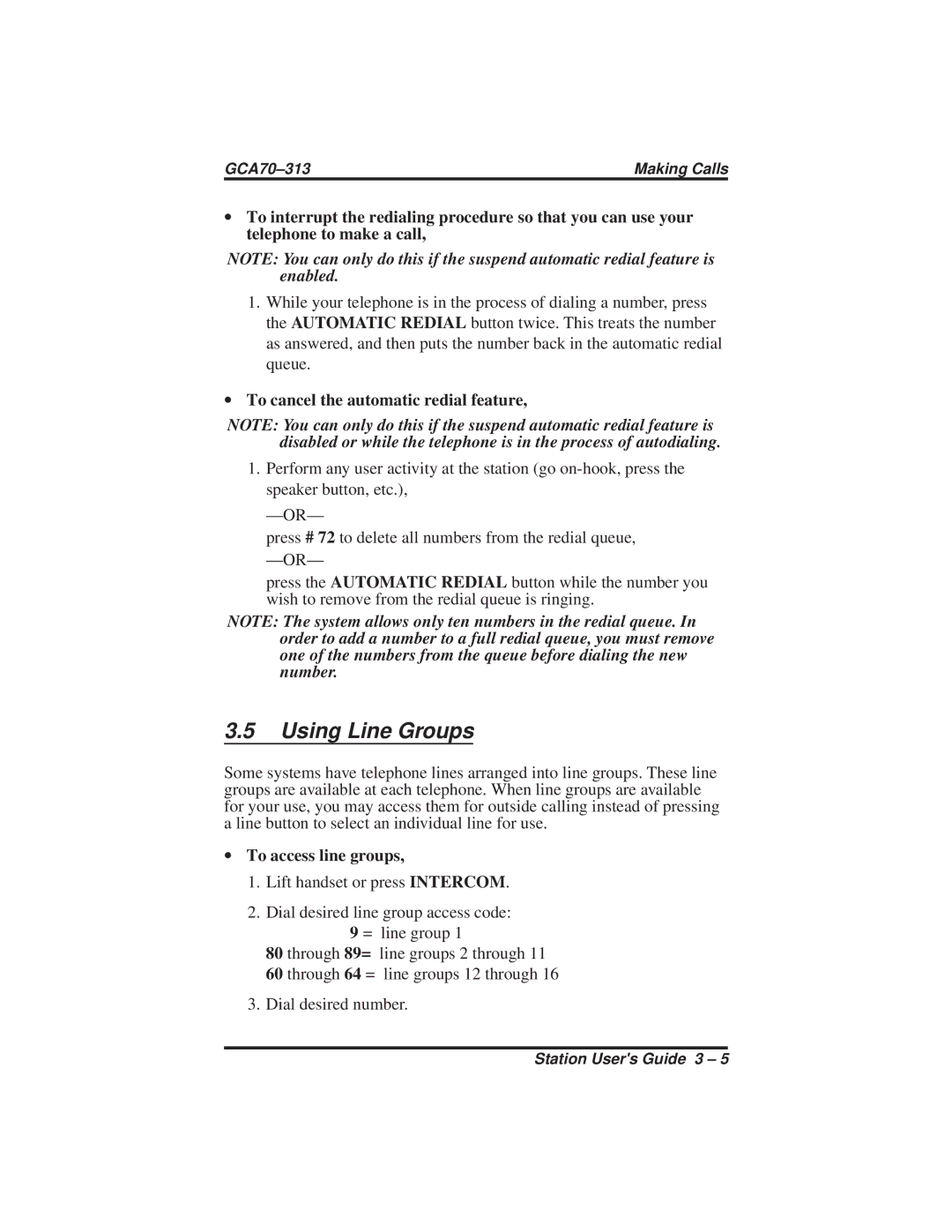 Vertical Communications SCS 8212N Using Line Groups, ∙ To cancel the automatic redial feature, ∙ To access line groups 