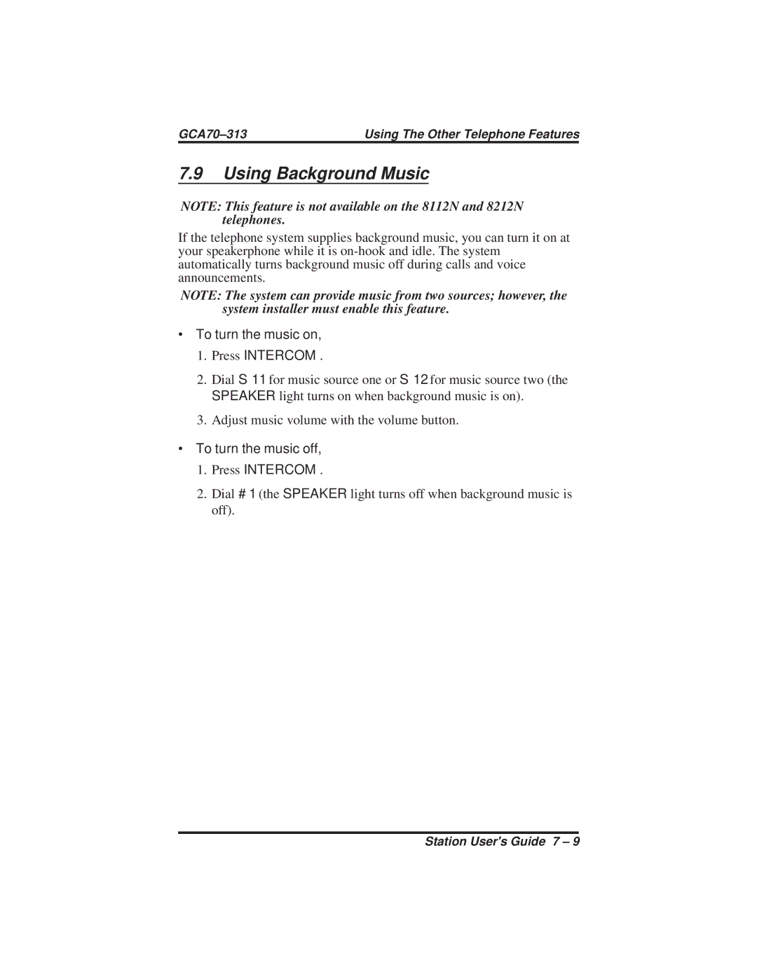 Vertical Communications 8124S, SCS 8212N, 8112N, 8112S, 8212S Using Background Music, ∙ To turn the music on Press Intercom 