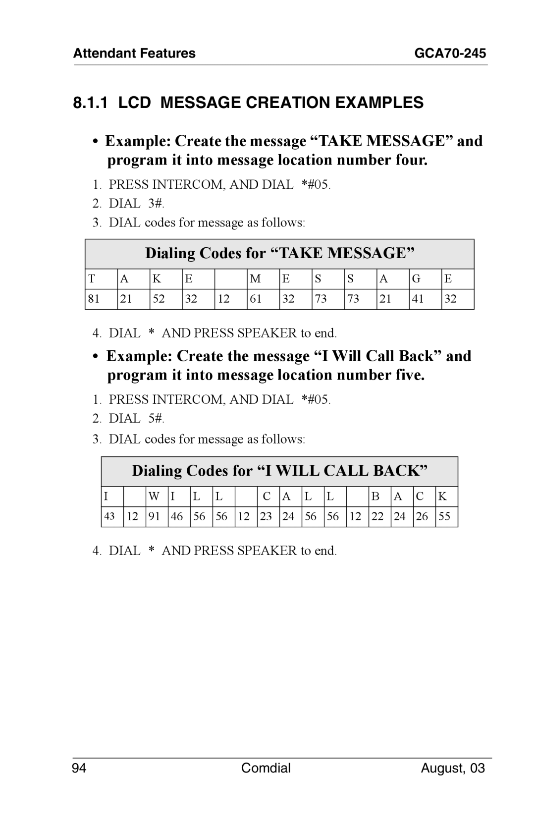 Vertical Communications SCS 8312S, SCS 8324S, SCS 8324F, 8024S LCD Message Creation Examples, Dialing Codes for Take Message 