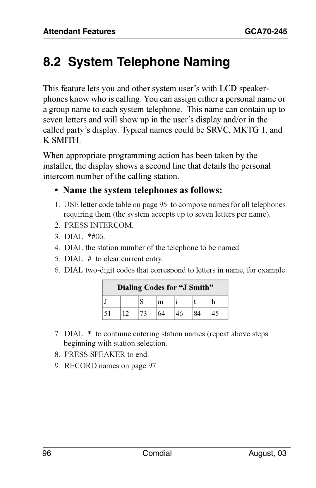 Vertical Communications SCS 8324F, SCS 8312S, SCS 8324S manual System Telephone Naming, Name the system telephones as follows 