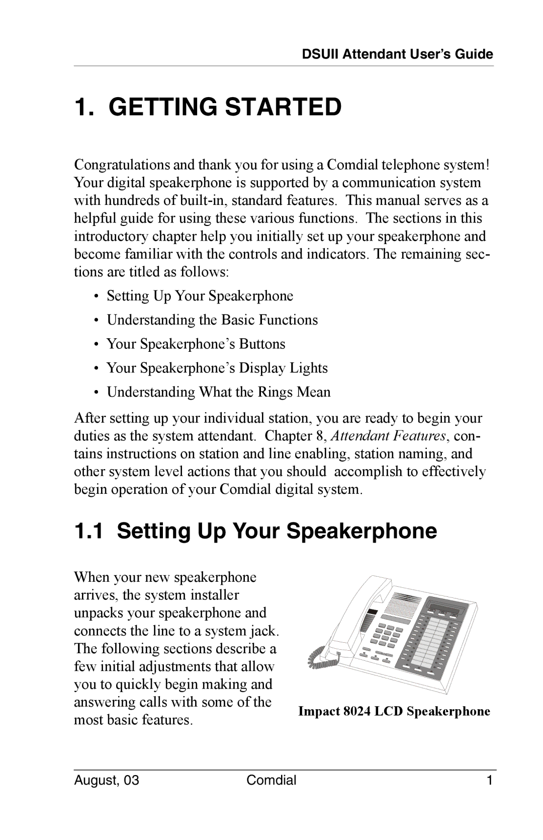 Vertical Communications 8024S, SCS 8312S, SCS 8324S, SCS 8324F manual Getting Started, Setting Up Your Speakerphone 