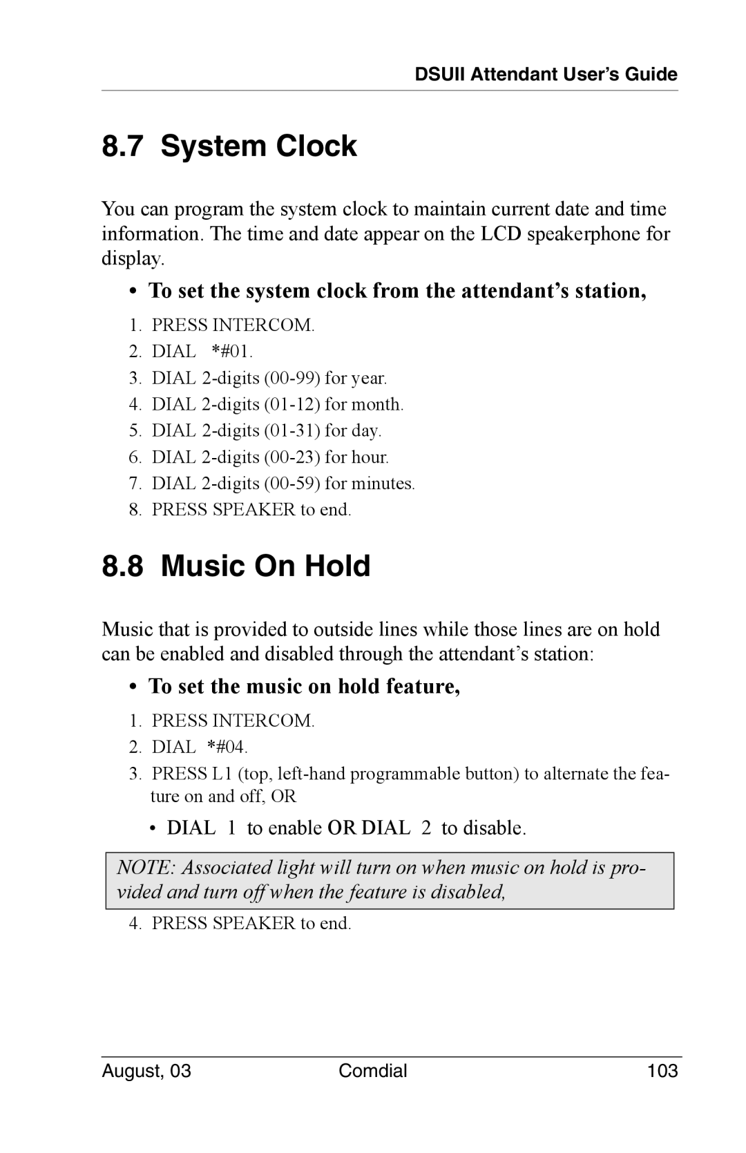 Vertical Communications SCS 8324S, 8024S System Clock, Music On Hold, To set the system clock from the attendant’s station 