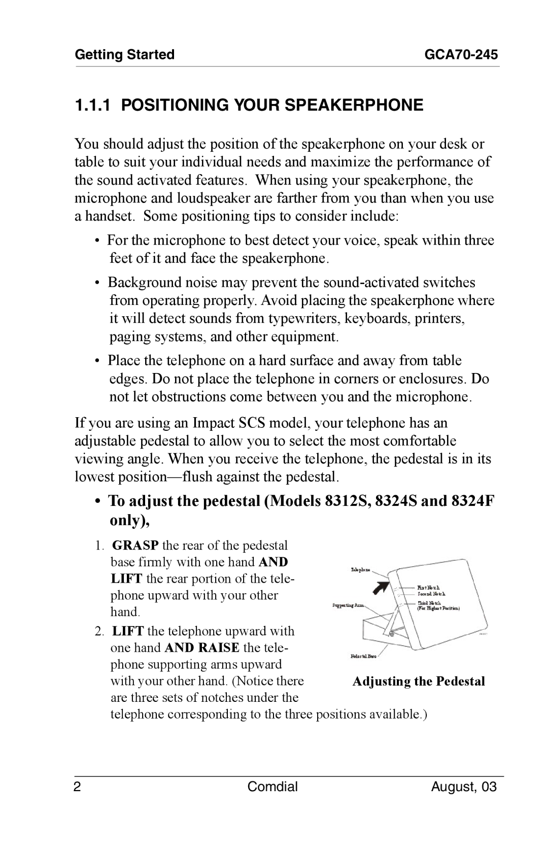 Vertical Communications SCS 8312S Positioning Your Speakerphone, To adjust the pedestal Models 8312S, 8324S and 8324F only 