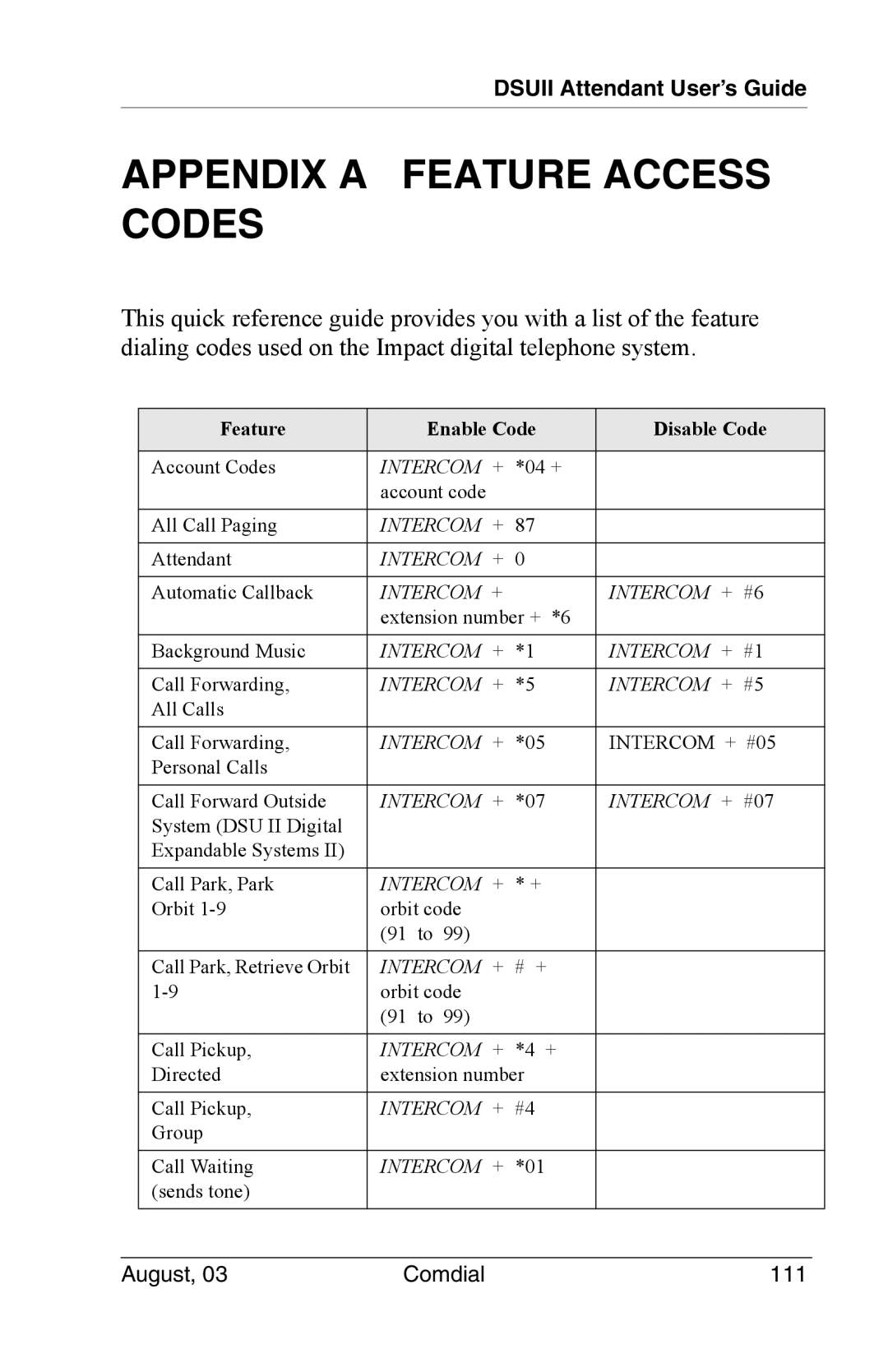 Vertical Communications SCS 8324S, SCS 8312S, SCS 8324F Appendix a Feature Access Codes, Feature Enable Code Disable Code 