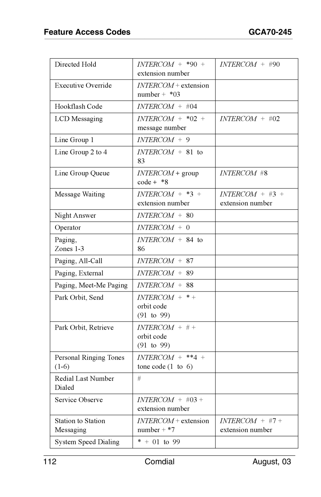 Vertical Communications SCS 8324F, SCS 8312S, SCS 8324S, 8024S manual Feature Access Codes GCA70-245 