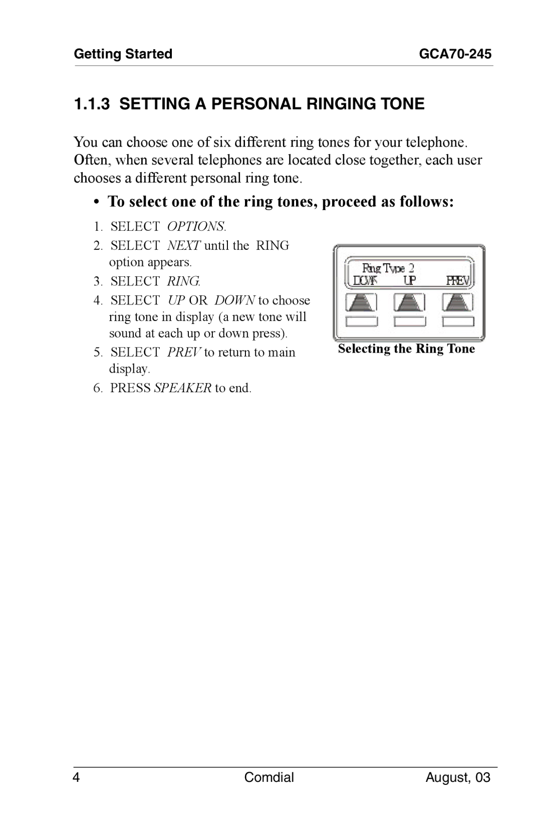 Vertical Communications SCS 8324F Setting a Personal Ringing Tone, To select one of the ring tones, proceed as follows 