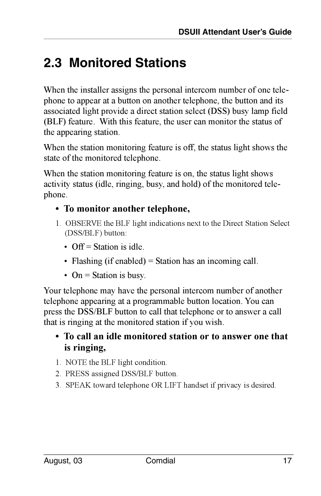 Vertical Communications 8024S, SCS 8312S, SCS 8324S, SCS 8324F manual Monitored Stations, To monitor another telephone 