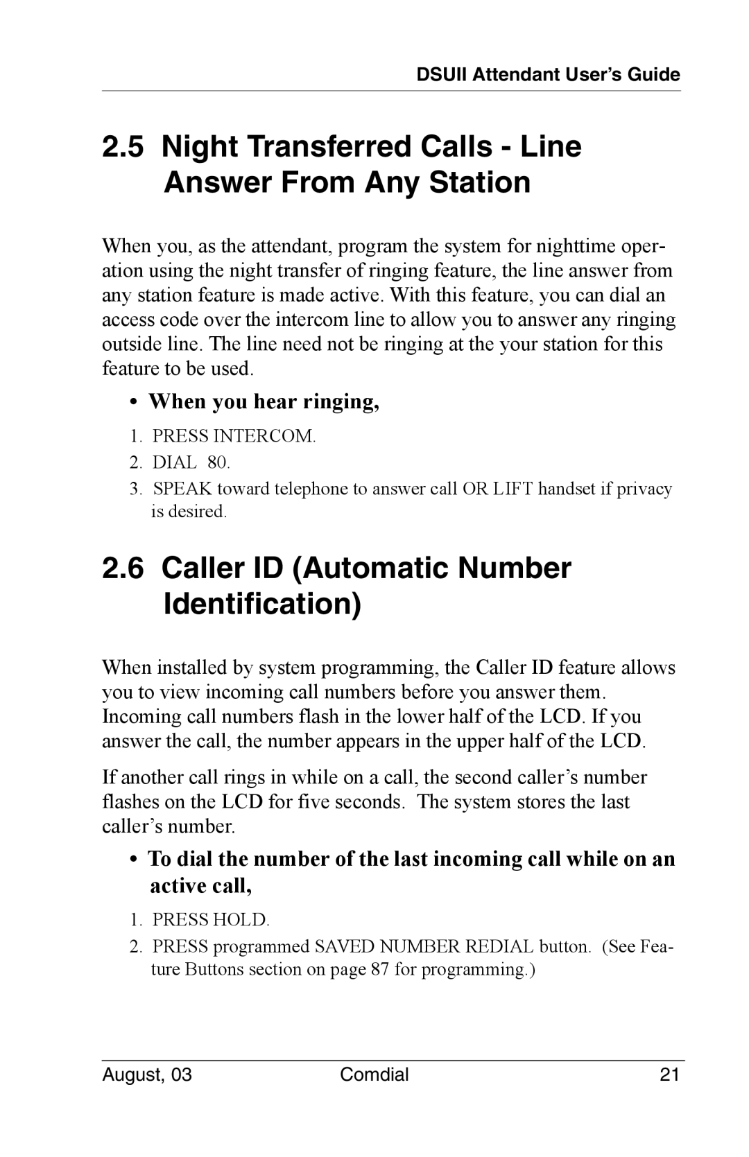 Vertical Communications 8024S Night Transferred Calls Line Answer From Any Station, When you hear ringing, Press Hold 