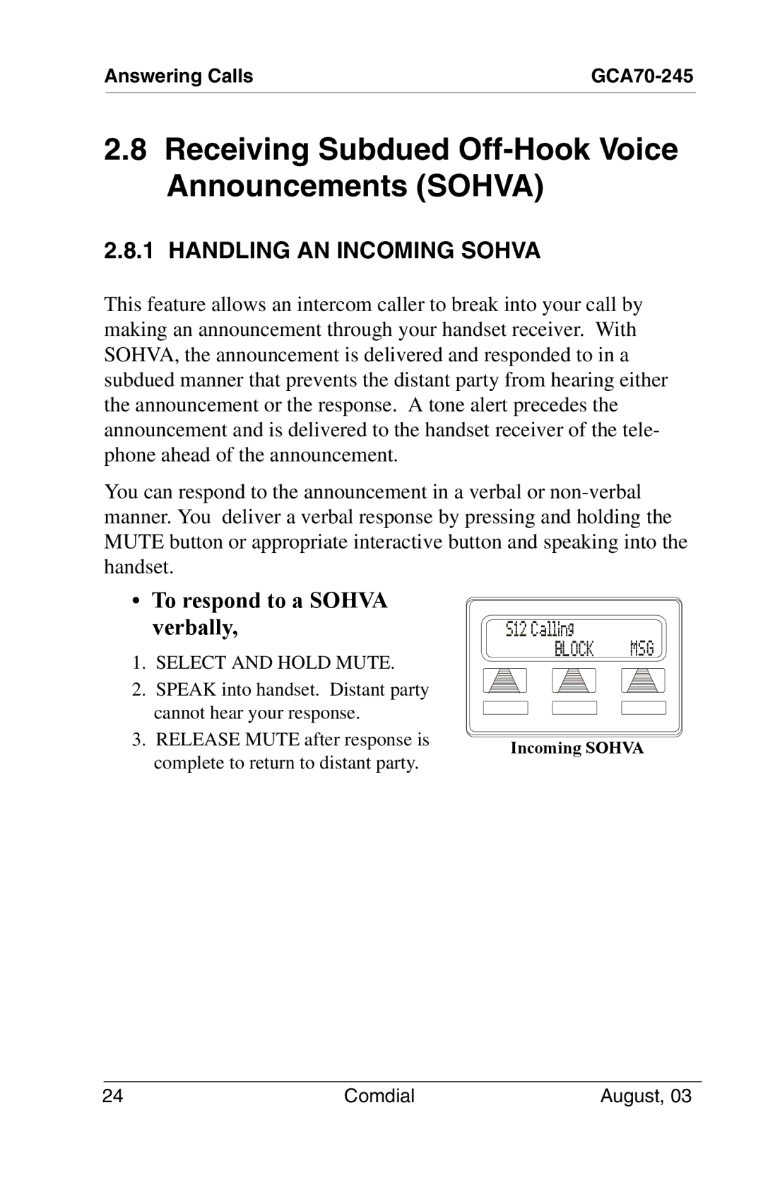 Vertical Communications SCS 8324F, 8024S Receiving Subdued Off-Hook Voice Announcements Sohva, Handling AN Incoming Sohva 