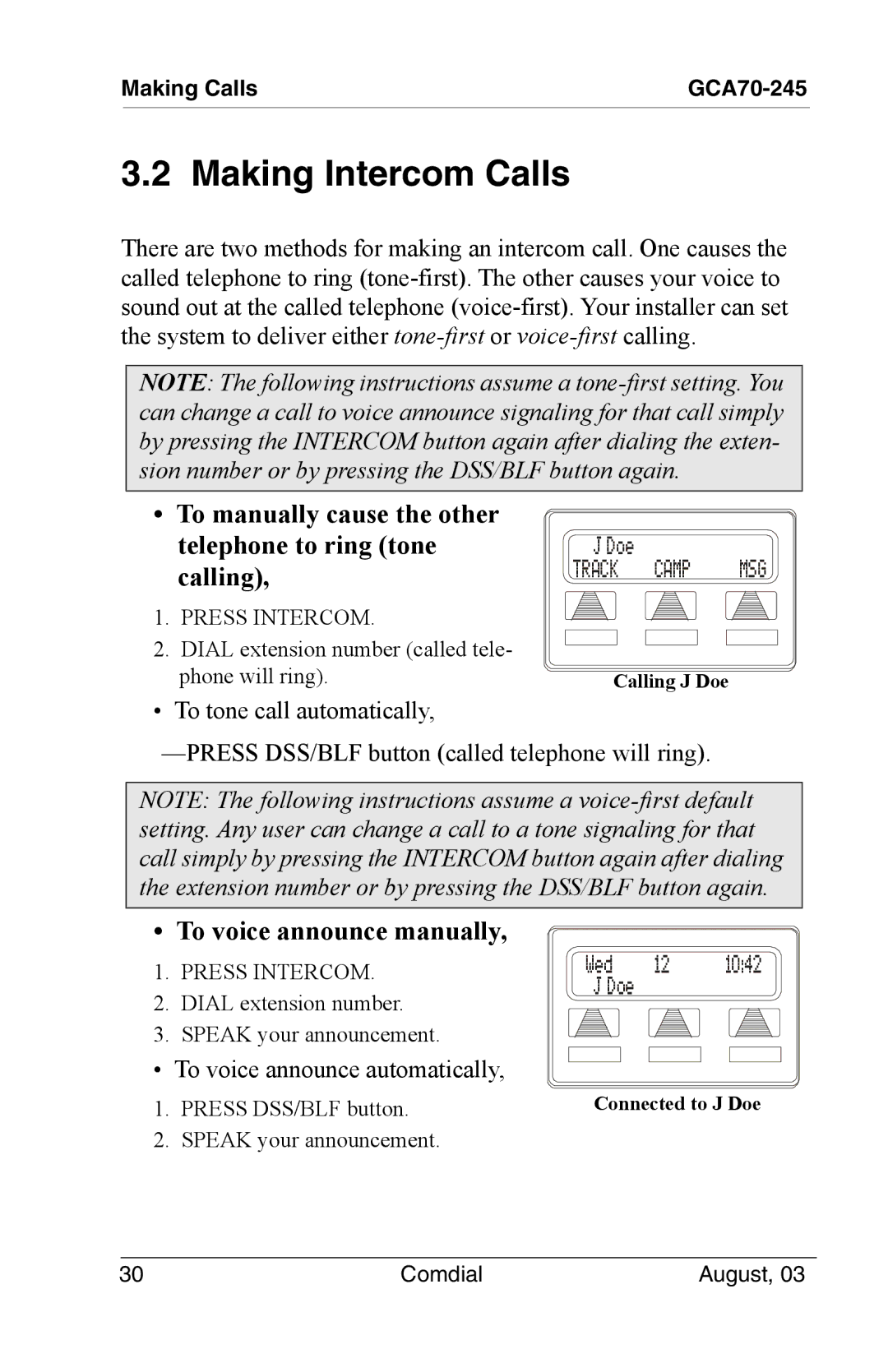 Vertical Communications SCS 8312S, 8024S Making Intercom Calls, To manually cause the other telephone to ring tone calling 