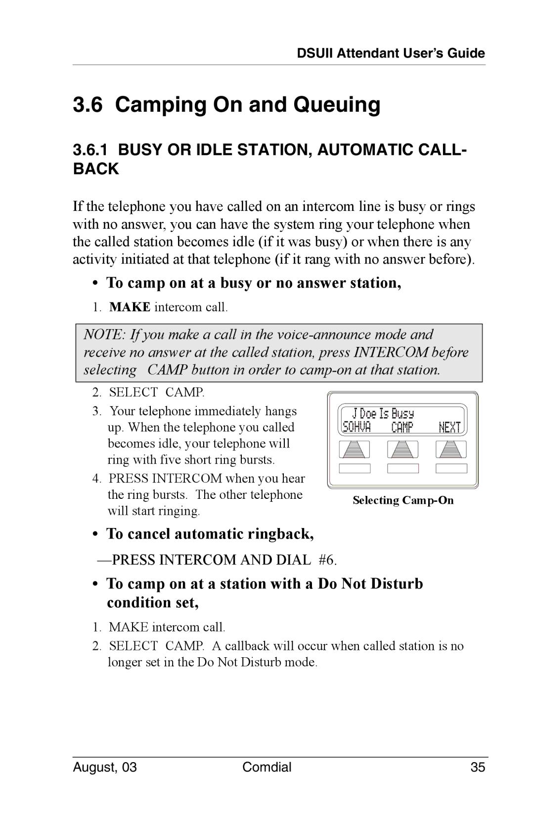 Vertical Communications SCS 8324S, SCS 8312S, SCS 8324F Camping On and Queuing, Busy or Idle STATION, Automatic CALL- Back 