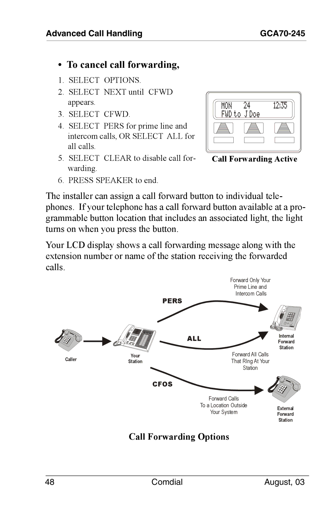 Vertical Communications SCS 8324F, SCS 8312S, SCS 8324S, 8024S manual To cancel call forwarding 