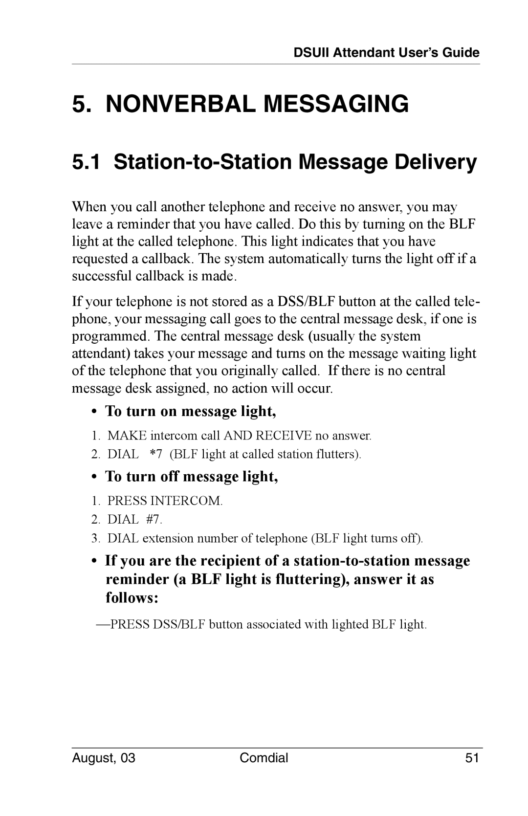 Vertical Communications SCS 8324S manual Nonverbal Messaging, Station-to-Station Message Delivery, To turn on message light 