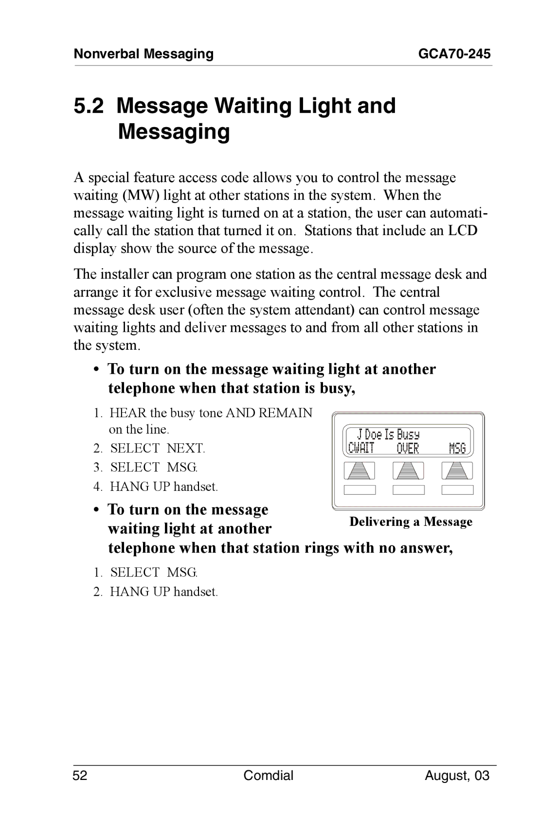 Vertical Communications SCS 8324F, SCS 8312S, SCS 8324S, 8024S Message Waiting Light and Messaging, Select Next Select MSG 