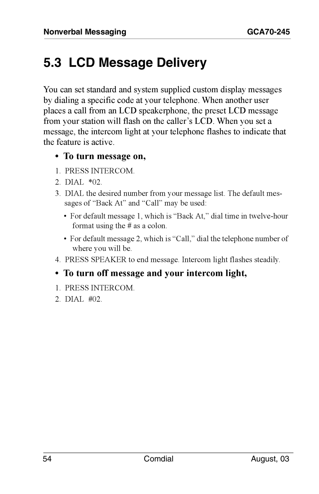 Vertical Communications SCS 8312S LCD Message Delivery, To turn message on, To turn off message and your intercom light 