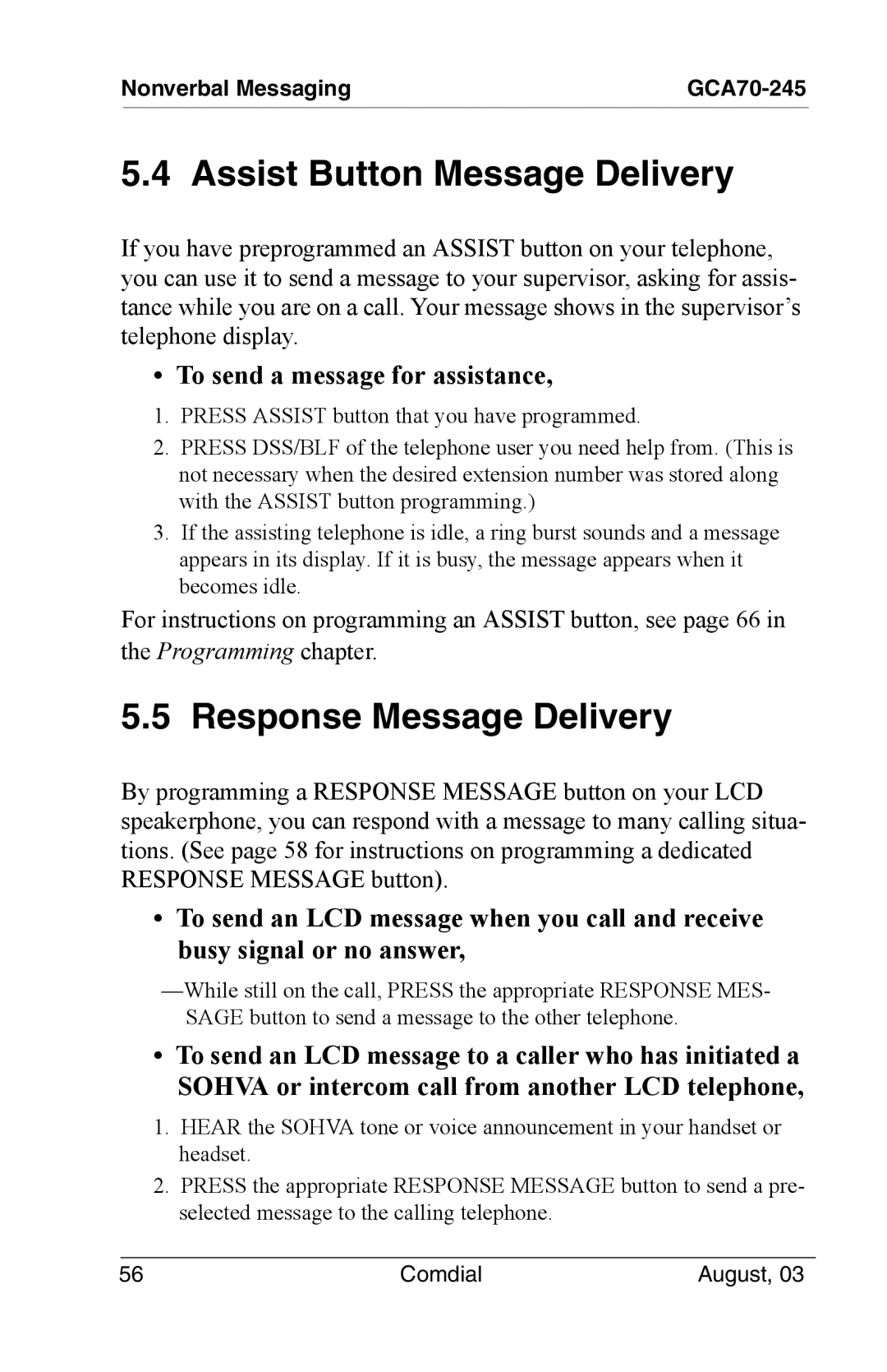 Vertical Communications SCS 8324F, SCS 8312S, SCS 8324S, 8024S Assist Button Message Delivery, Response Message Delivery 