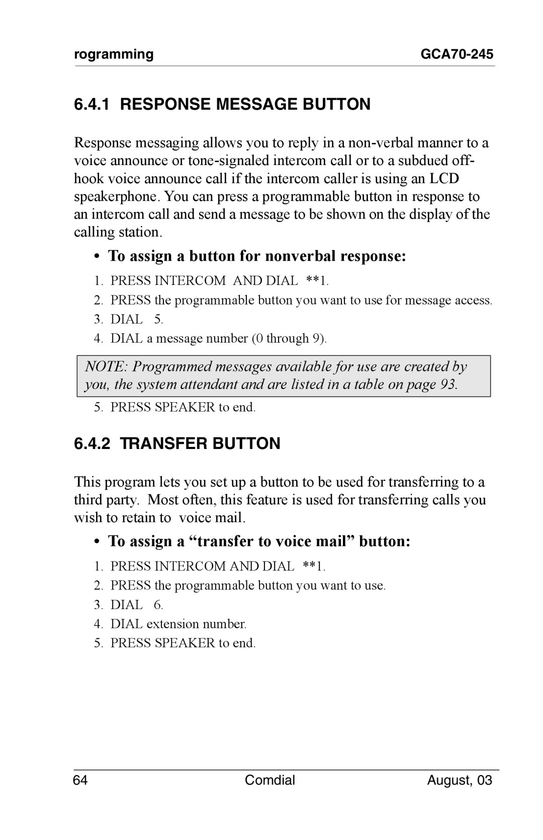 Vertical Communications SCS 8324F Response Message Button, To assign a button for nonverbal response, Transfer Button 