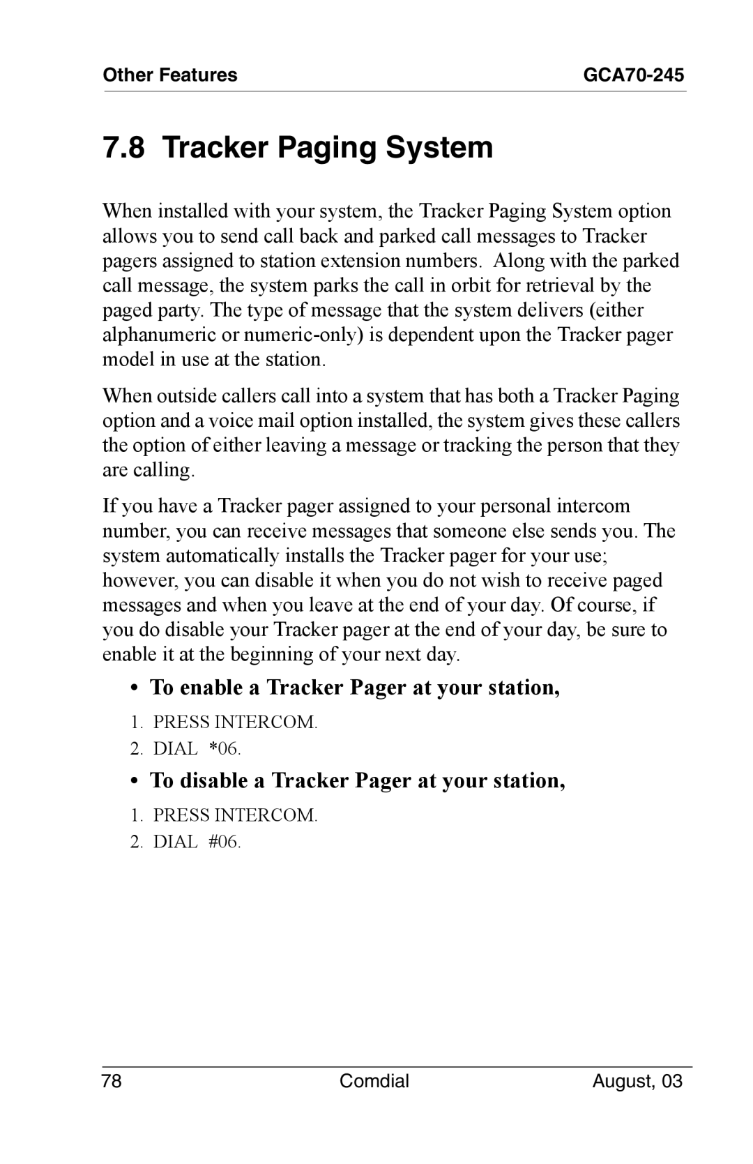 Vertical Communications SCS 8312S, SCS 8324S, SCS 8324F Tracker Paging System, To enable a Tracker Pager at your station 