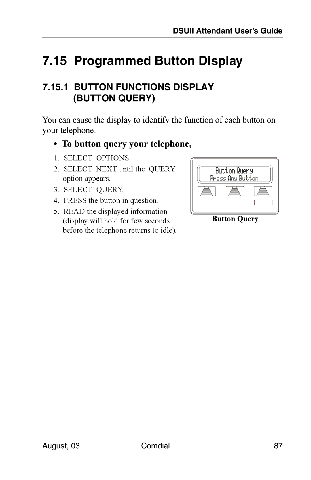 Vertical Communications SCS 8324S, 8024S Programmed Button Display, Button Functions Display Button Query, Select Query 